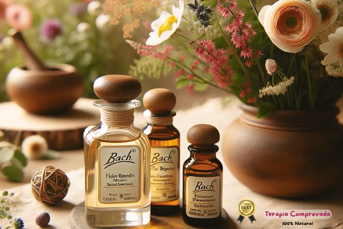 Frascos de Florais de Bach em ambiente terapêutico sereno
